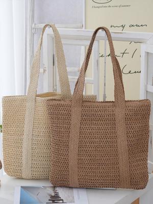 Large Capacity Women's Straw Shoulder Bag - Casual Beach Vacation Style