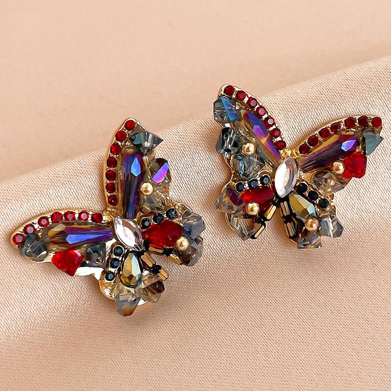 Silver Needle Retro Artificial Crystal Diamond Butterfly Stud Earrings French Court Style Personalized Earrings