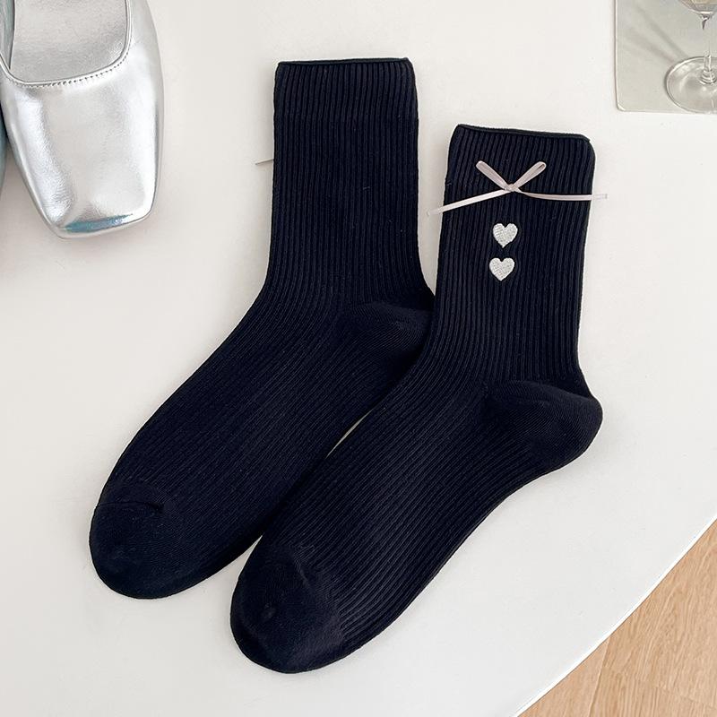 

Носки с бантом, Женские носки до середины икры, Весенне-летние махровые носки, Модные хлопковые носки с вышивкой в форме сердца, Длинные махровые носки 1 pair чёрный
