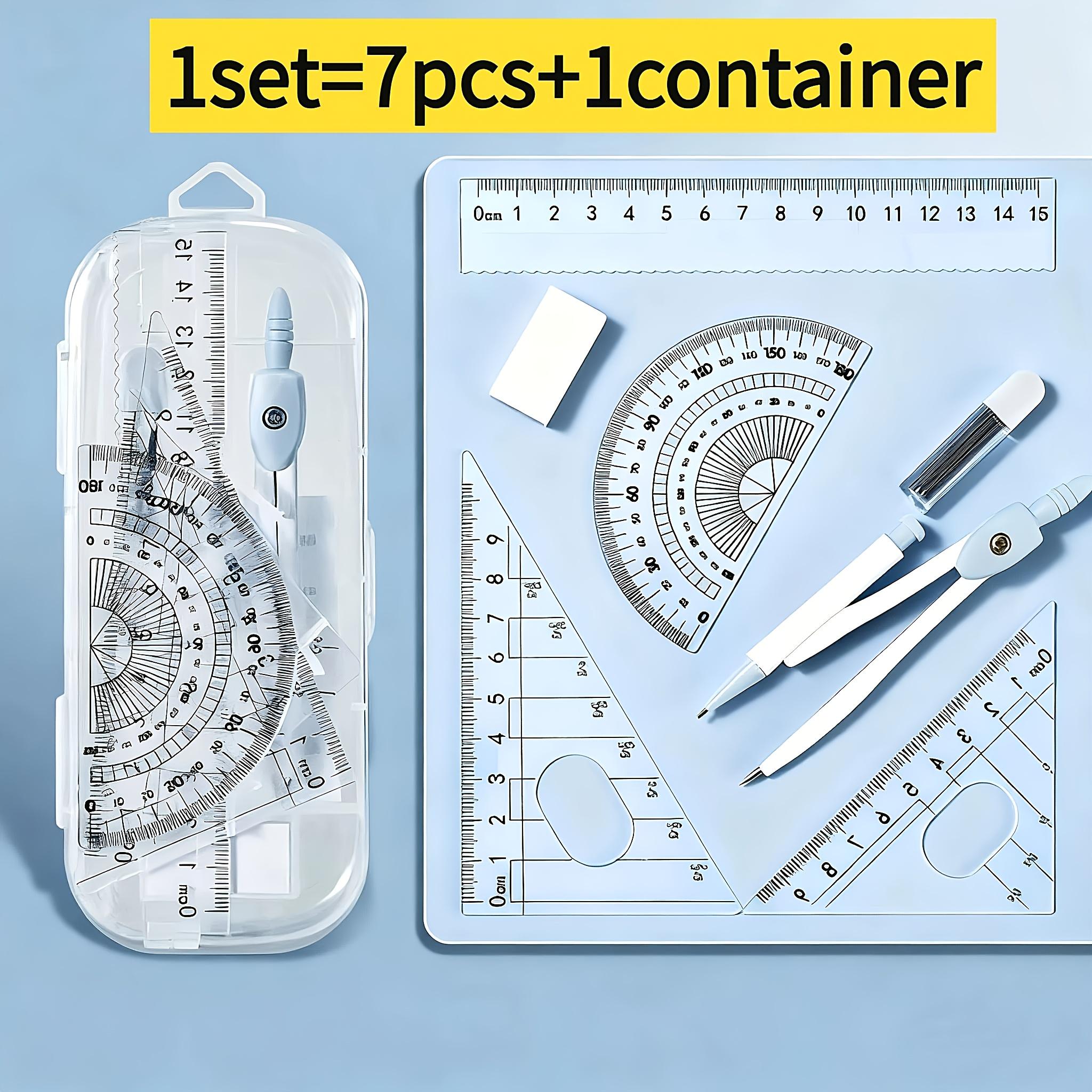 

7pcs Geometry Math Kit with Compass, Protractor, Ruler, Divider, Calculator-like Protractor & Geometry Templates - Complete Supplies Set for Students,