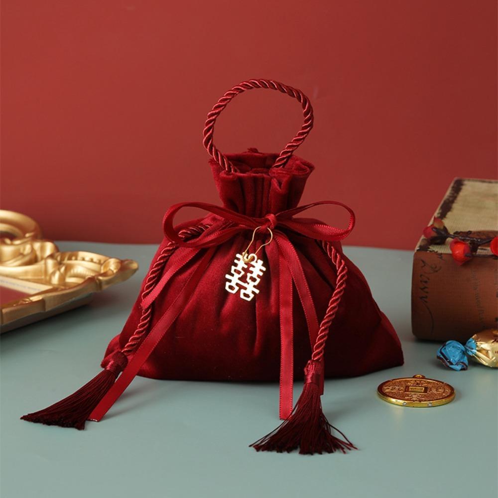 Red Wedding Candy Packaging Bags Velvet Drawstring Pouch Handbag Sweets Chocolate Packing Bag