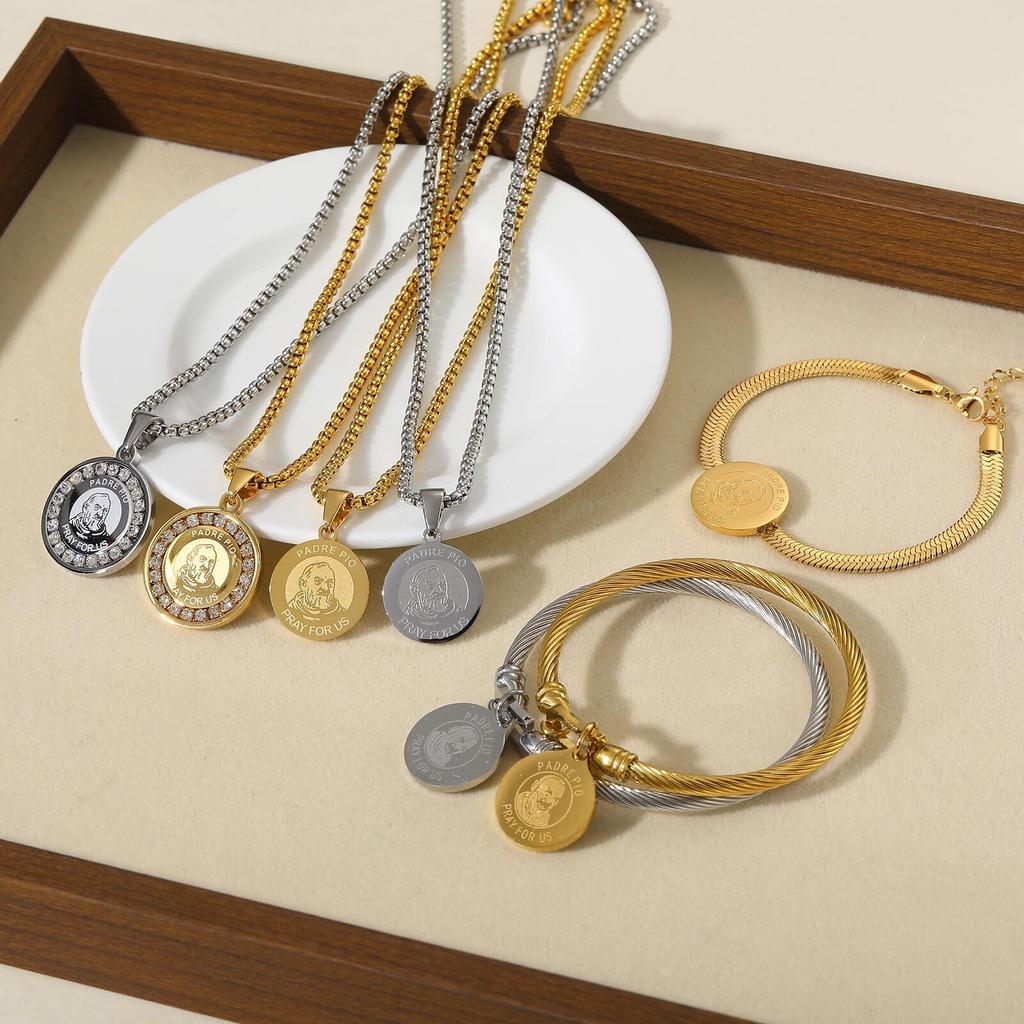 Vnox Einzigartige Edelstahlarmbänder für Damen Herren, Padre Pio Katholischer Heiliger Runde Accessoire Armbänder, Religiöses Schmuckset Geschenke