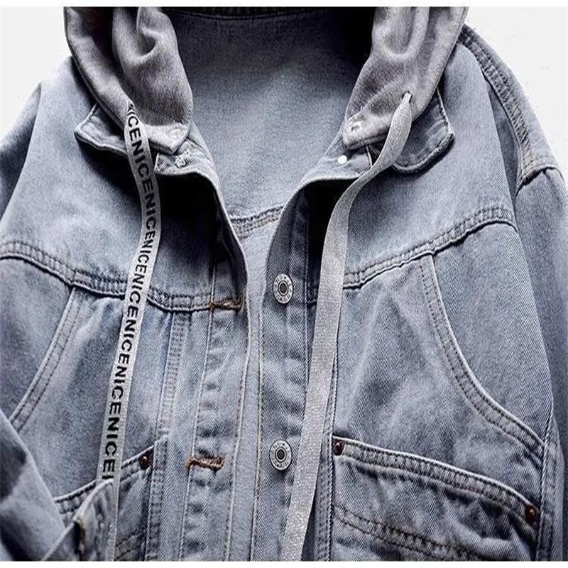 Spring Plus Size Blue Deconstructable S kapucí Turn Down Collar Jean Coat Jacket Dámské volné oblečení