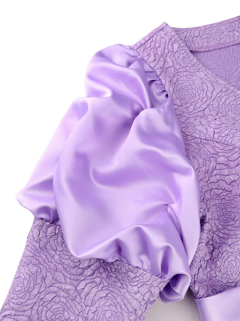 Plus Size Elegant Light Purple Jacquard Puff Sleeve Long Formal Dress.