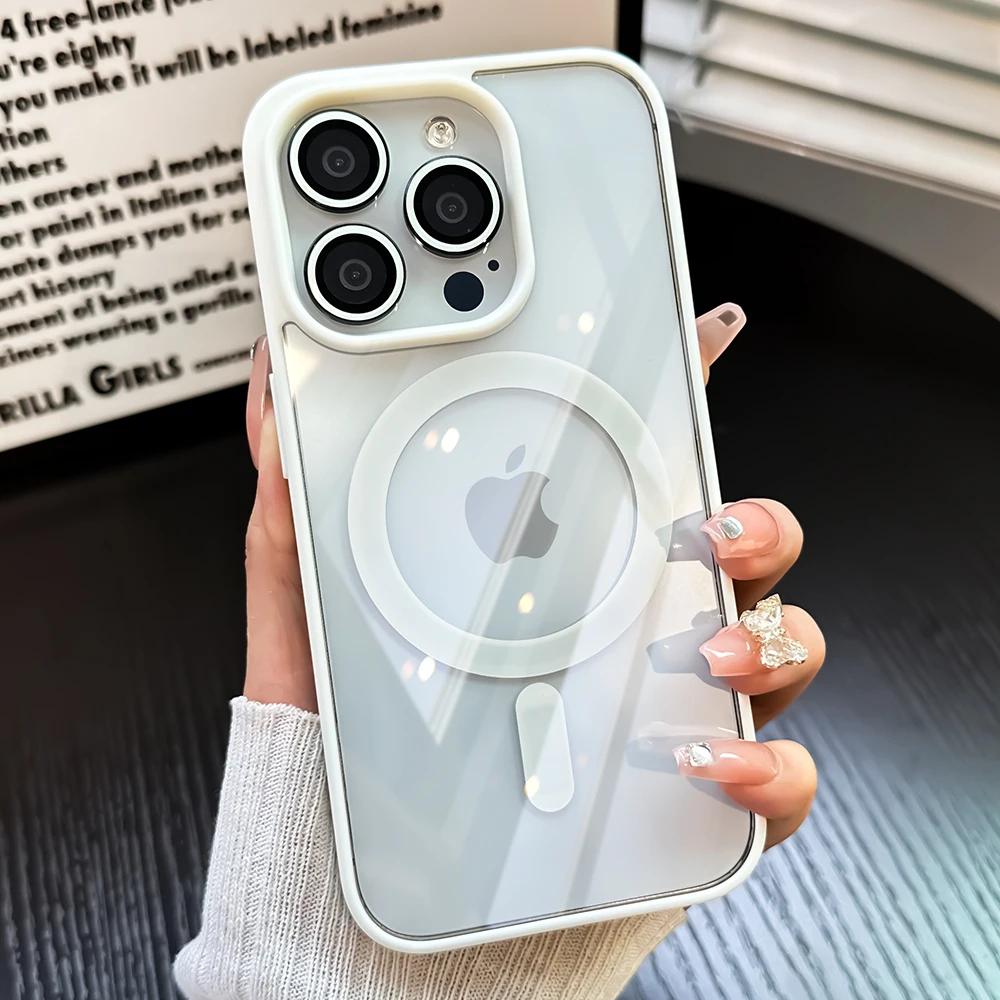Luxury Magnetic Shockproof Clear Phone Case For iPhone 15 14 13 12 11 Pro Max Plus Mbile Cover Glass Lens Protection Magsafe
