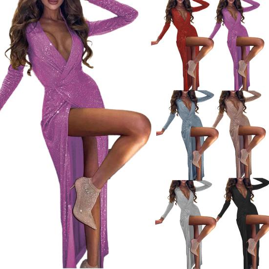 Deep V-Neck Long Sleeve Maxi Dress Slim Fit High Split Glitter Wrap Party Dress for Bar