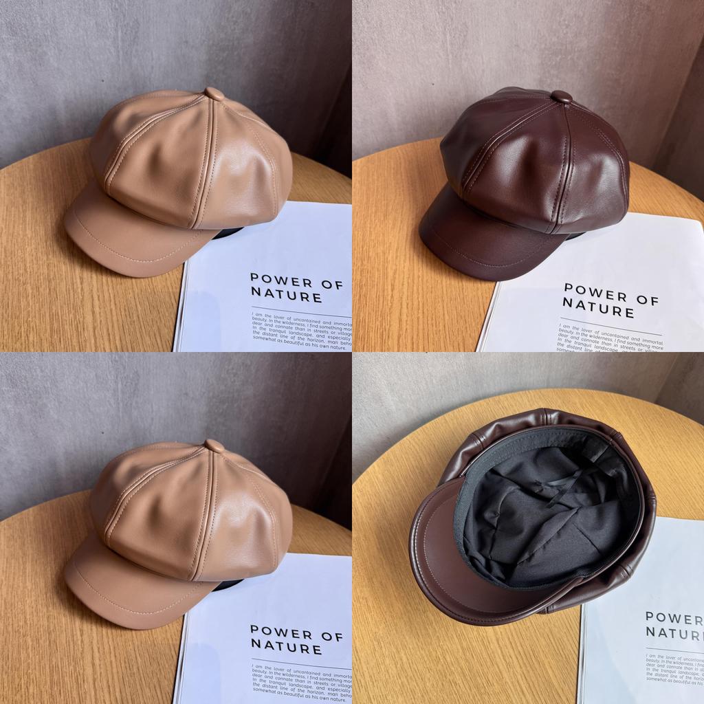 Pu Leather Octagonal Hat For Women With Sun Protection Chic Winter Fashion Accessory