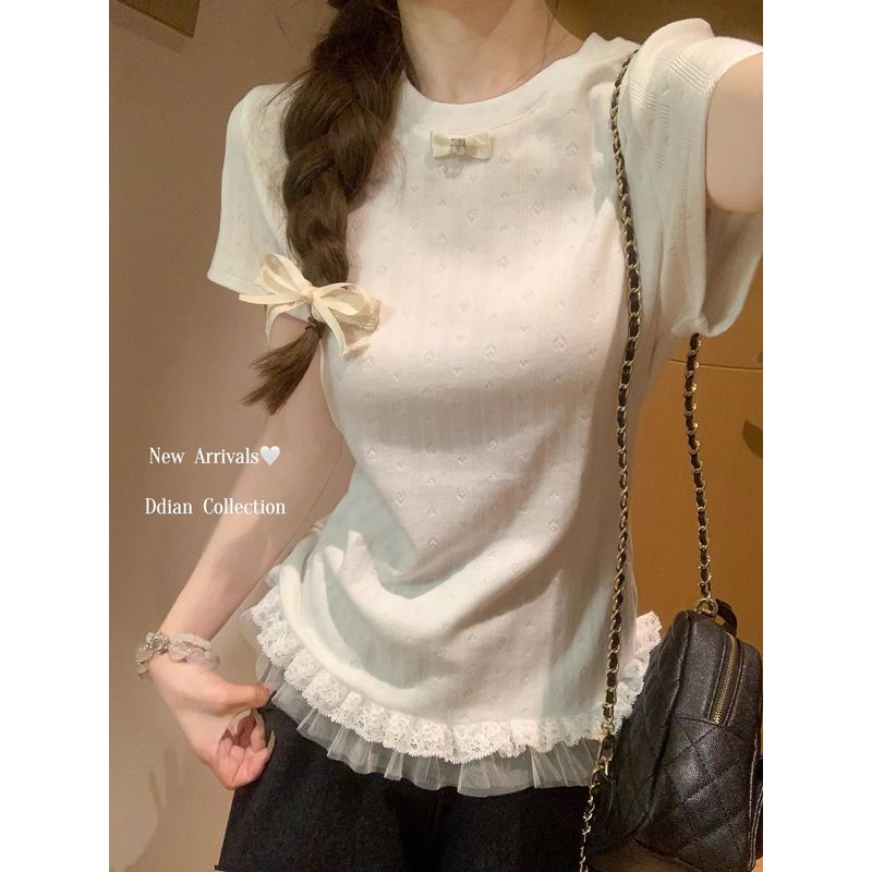 

Серия Miu Бант Кружевная Отделка Подол Футболка с Коротким Рукавом Женская Летняя Чистое Желание Стиль BM Красивое Нижнее Белье Топ на Плечи White S