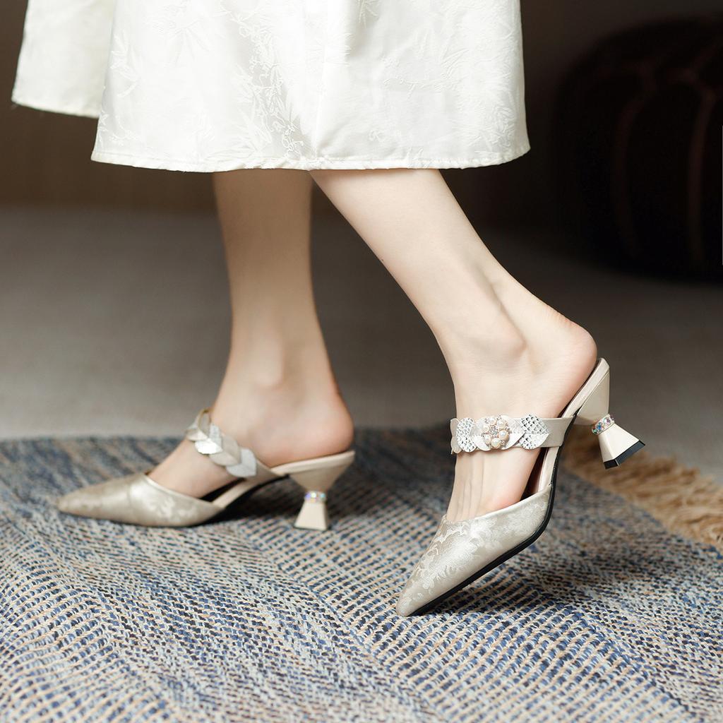 2025 spring and summer new baotou back empty sandals women's national style cheongsam versatile high heels travel wine glass and half slippers