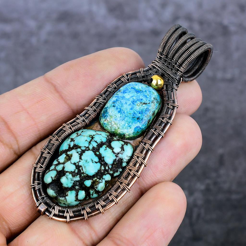 Natural Tibetan Turquoise Gemstone Copper Wire Wrap Jewelry Pendant 3.15" Z6F62