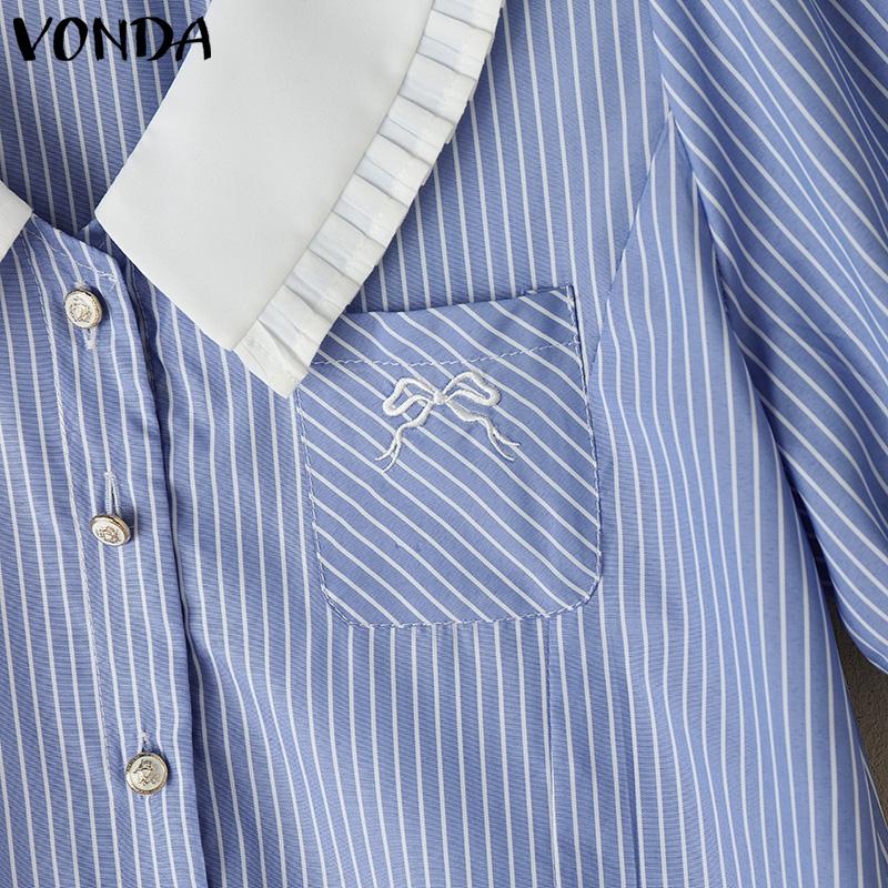 VONDA Women Lapel Short Sleeve Patchwork Striped Print Buttons Casual Blouse
