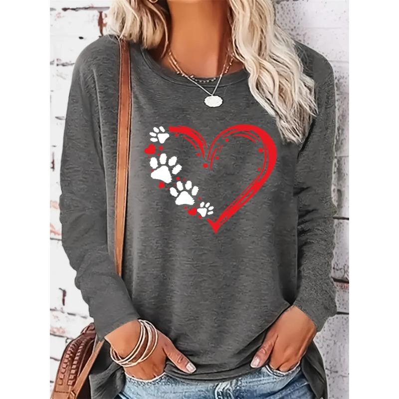 Spring and Autumn Round Neck Heart and Paw Print 3D Printed Top Fashionable Casual Long Sleeved Women's T-shirts
