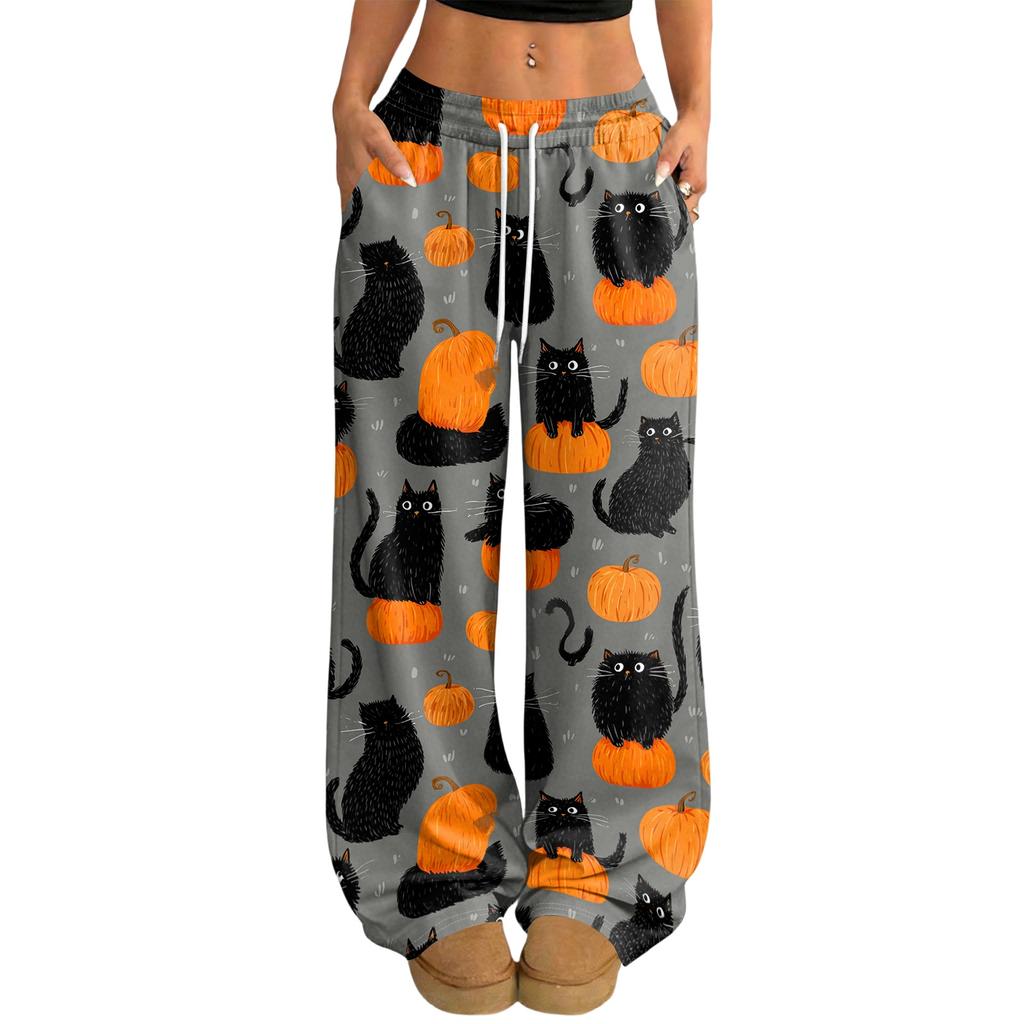 Women's Casual Loose Fit Wide Leg Pants with Halloween Print, Elastic Waist Drawstring for Holiday Party