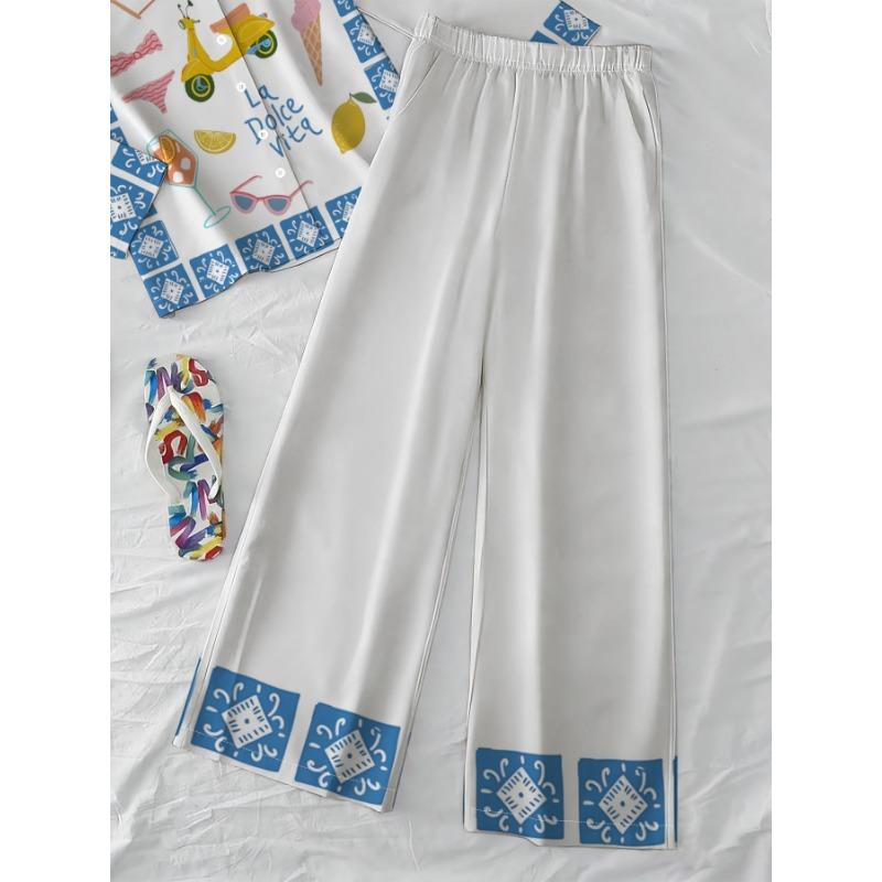 Summer vacation style beach element printed shirt wide-leg pants two-piece set