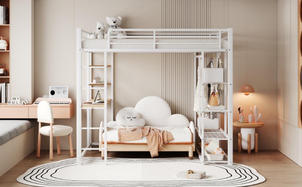 Cama Loft de Metal con Escalera 140*200 cm, Cama Junior Cama Doble con Mesa con Percheros Simples con Compartimentos de Almacenamiento, Blanca