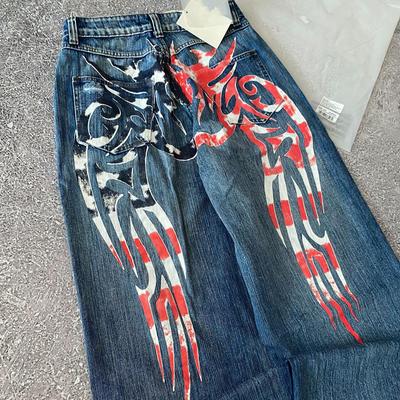 Jeans de Pierna Ancha Desgastados y Bordados de la Calle Principal Europea y Americana