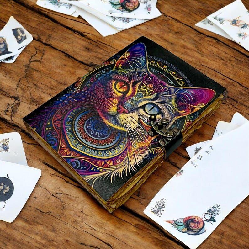 Colorful Cat Leather Notebook – Handcrafted Vintage Leather Diary