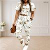 Women Plus Size White Printed Two Piece Set Round Neck Short Sleeve Top Drawstring Cuffed Pants With Pockets