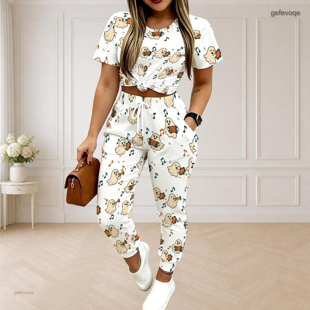 Women Plus Size White Printed Two Piece Set Round Neck Short Sleeve Top Drawstring Cuffed Pants With Pockets