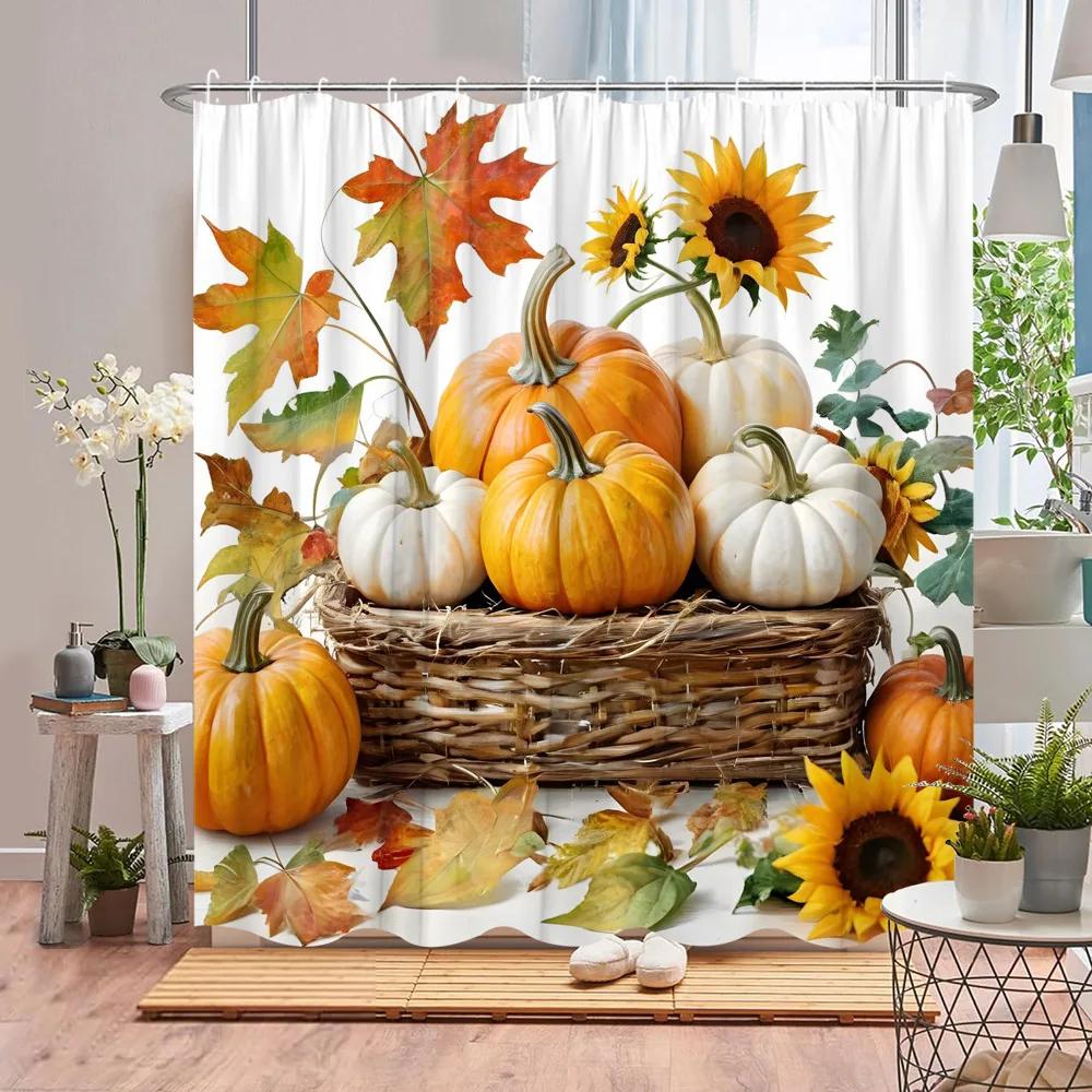 Autumn Scenic Shower Curtain Fall Pumpkin Farm Thanksgiving Butterfly Flower Leaf Barn Polyester Fabric Bathroom Decor Curtains