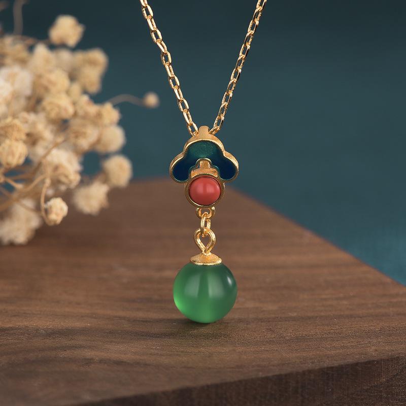 

Retro Court Style Enamel Gilt Copper Necklace with Green Chalcedony Pendant