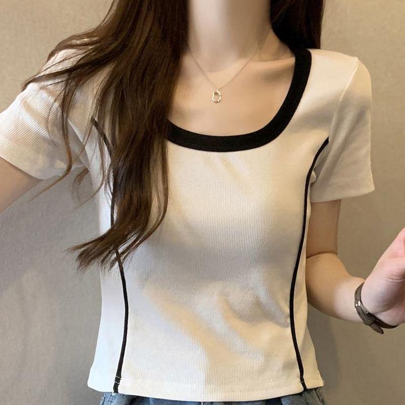 Summer New Square Neck Fashion Short Sleeve T-shirt Women Contrast Color Printing Casual Pullovers Pure Cotton All-match Tops