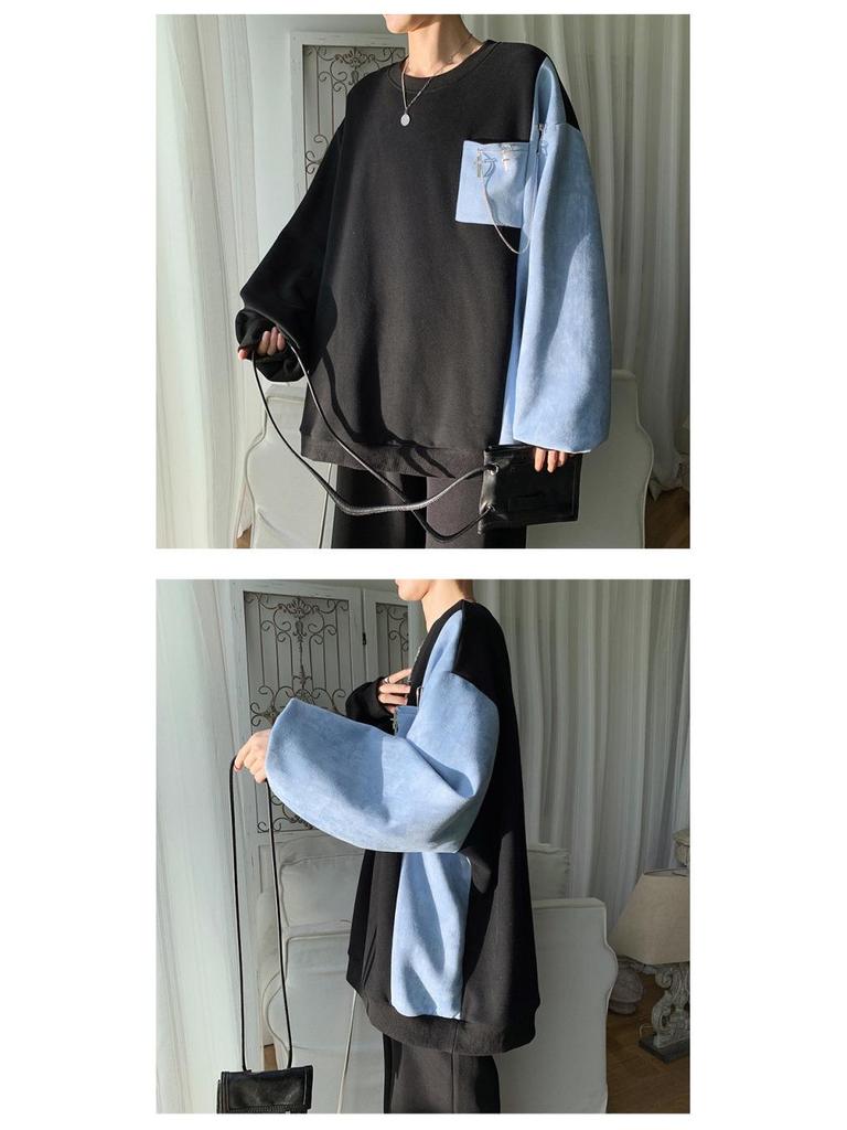 Men's Autumn Color Block Patchwork Sweatshirt – Loose Fit, Long Sleeves, Round Neck