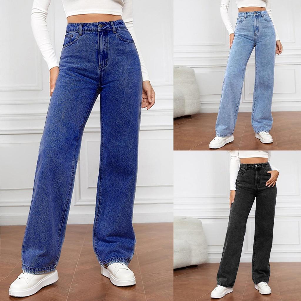 Jeans da donna a vita alta lavati, pantaloni alla moda versatili a gamba dritta