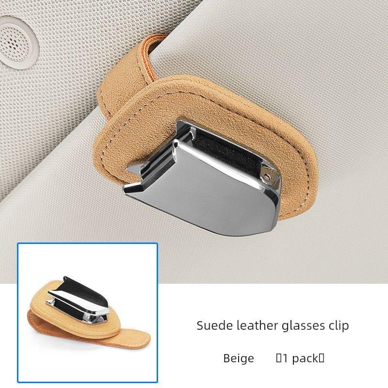Faux Leather Car Glasses Holder Multifunctional Car Mount Sunglasses Clip Sun Visor Card Storage Clip Two-In-One Beige / Single