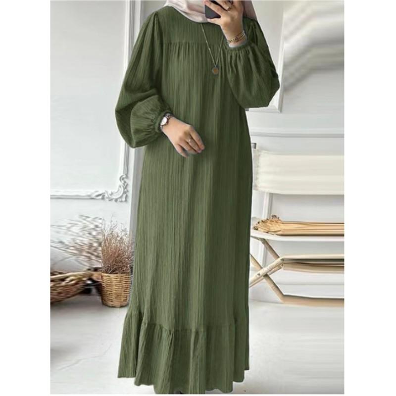 Women Spring and Autumn Muslim Plus Size Long Dress Long Sleeve Ruffled Hem Simple Vintage Dress
