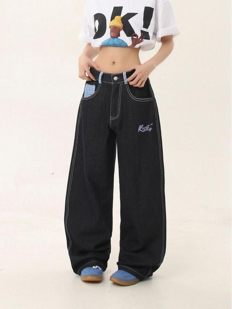 Jeans Rectos con Puño de Patchwork Cuadros Americanos - Pantalones Casuales Retro de Verano para Mujer