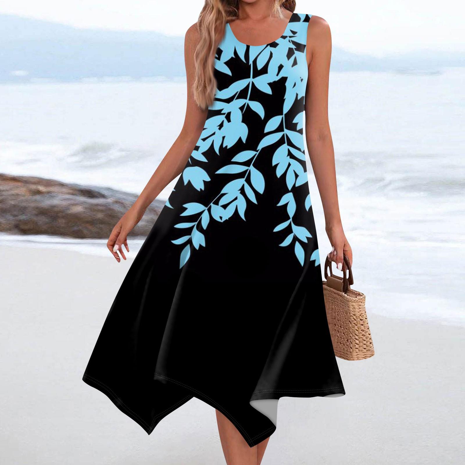 

Женское повседневное модное платье миди без рукавов с круглым вырезом и нерегулярным подолом XL синий