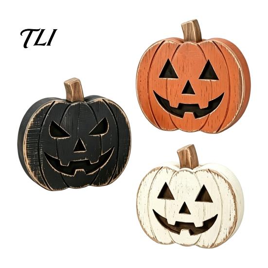 Desktop Grimace Decor 3Pcs Halloween Pumpkin Tabletop Decor, Rustic Face Wooden Block Solid Wood Crafts Ornaments, Farmhouse Craft for Home