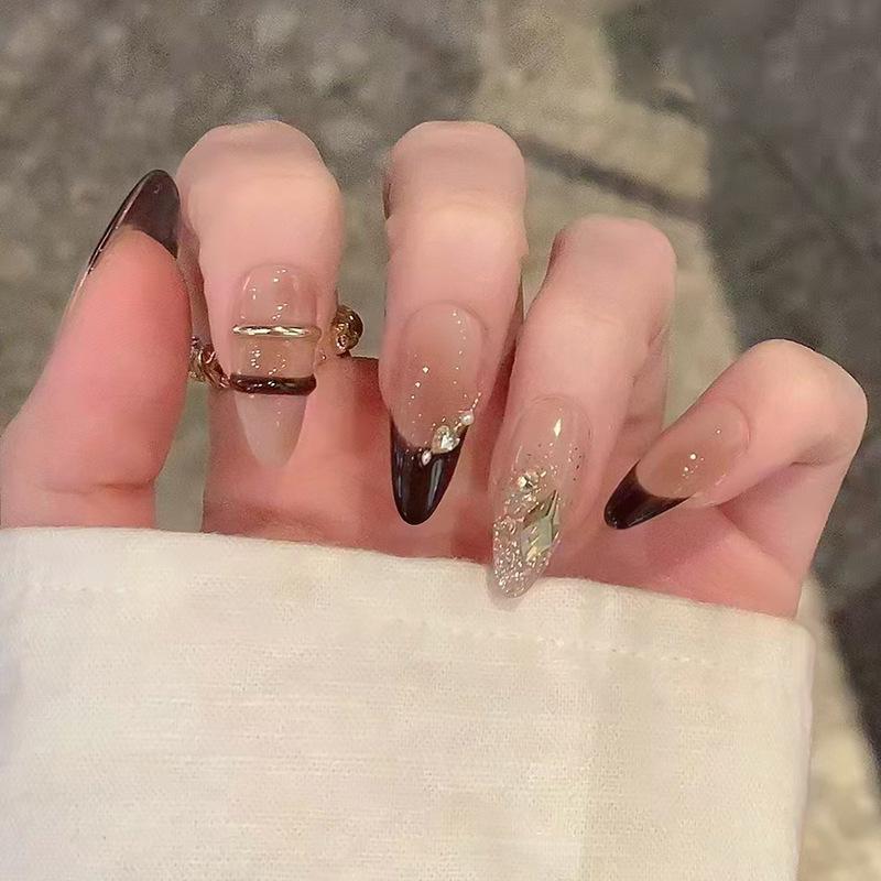

3D Flash Diamond Black Edge French Nail Art Set - 24 Removable False Nails, One Size