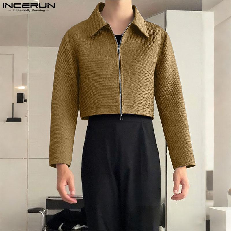 INCERUN Men Lapel Neck Long Sleeve Zip-Up Texture Cropped Casual Shirts