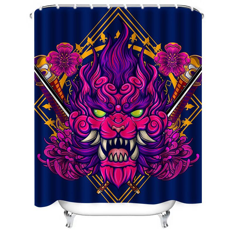 Tuniu Dragon Warrior Shower Curtain Fierce Japanese Demon Art Red White Floral Wall Decor Bathroom Decor