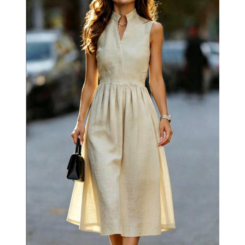 IHUASU Fashion Summer Spring Solid Color Print Sleeveless V-Neck Casual Dresses