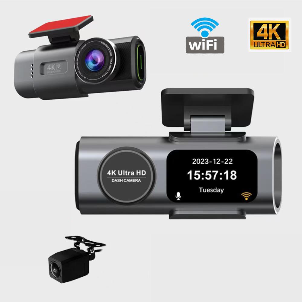 4K Dash Cam with Night Vision, Wireless Phone Connection, Front/Rear Dual Camera, and Reversing Image Monitoring.