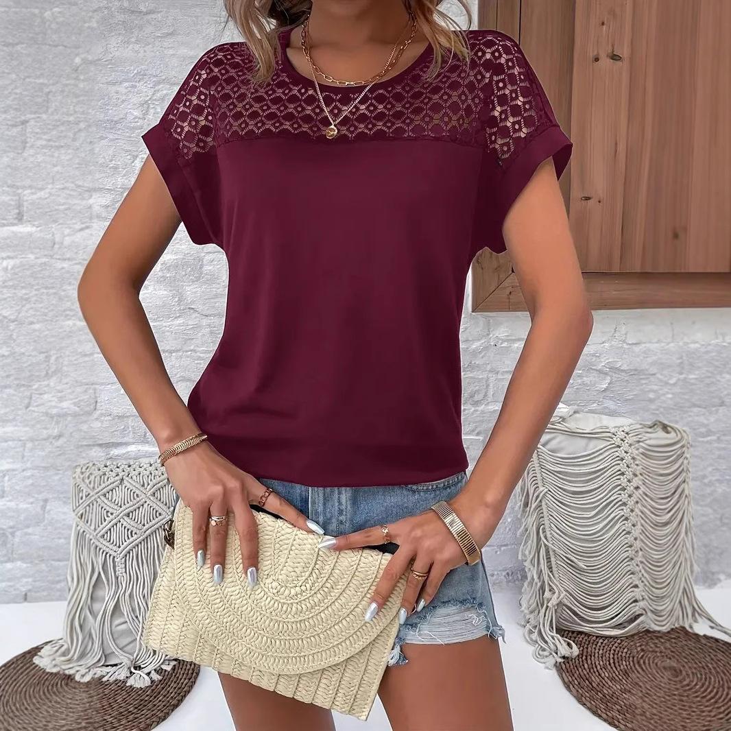 

[Кружевная отделка] Футболка бордового цвета с рукавами «летучая мышь» и кружевной отделкой — V-образный вырез, полиэстер, машинная стирка — шикарный стиль для отпуска для женщин M вино красного