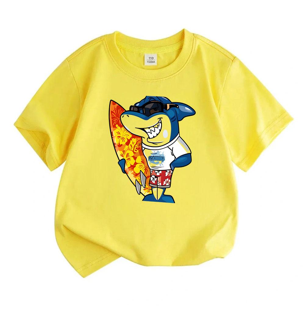 Kids Boys Girls 100% Cotton Crew Neck Short Sleeve T-Shirt, Cool Surfing Shark Cartoon Printed Casual Soft Breathable Summer Top for Children Daily We