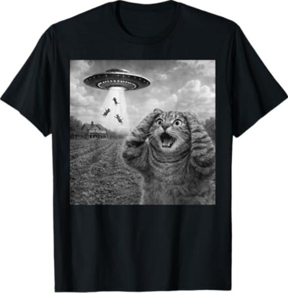 Cat Selfie Alien UFO Funny Cats T-Shirt S