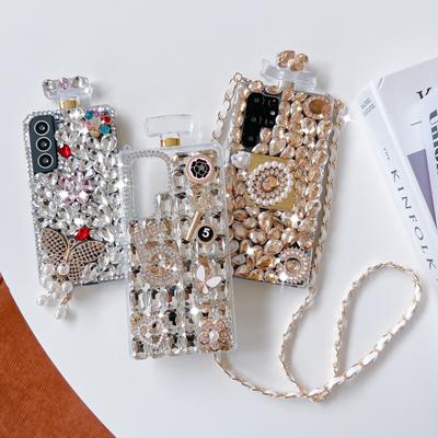 Crossbody Strass Parfüm Flasche Form Handyhülle für Samsung S23 S22 S21 S20 Ultra Note 10 20 Crystal Flowers Cover für iPhone 11 12 13 14 Pro Max