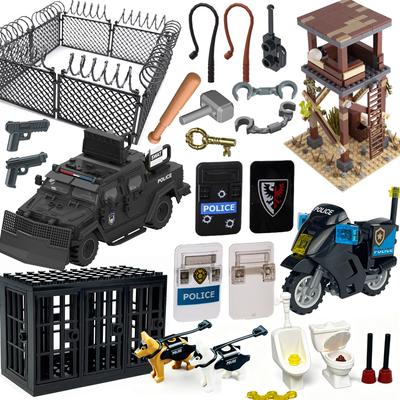 MOC Gefängnisszene Bausteine Zubehör Käfig Polizei Schild Patrouillenmotorrad Wachturm Handschellen Steine Jungen DIY Spielzeug S14