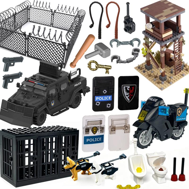 MOC Scena del Carcere Blocchi da Costruzione Accessori Gabbia Scudo della Polizia Motocicletta di Pattuglia Torre di Guardia Manette Mattoncini Giocattolo Fai da Te per Bambini S14