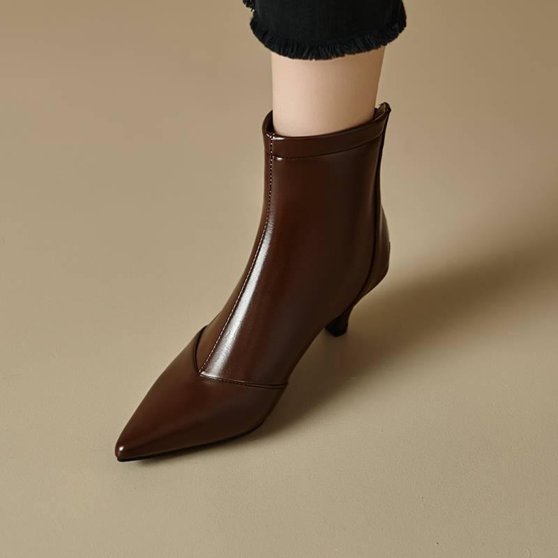 Korean Version of Mid-heel Back Zipper Women's Fashion Shoes Solid Color Pointed-toed Stiletto Mid-tube Boots Autumn and Winter Patent Leather Fashi