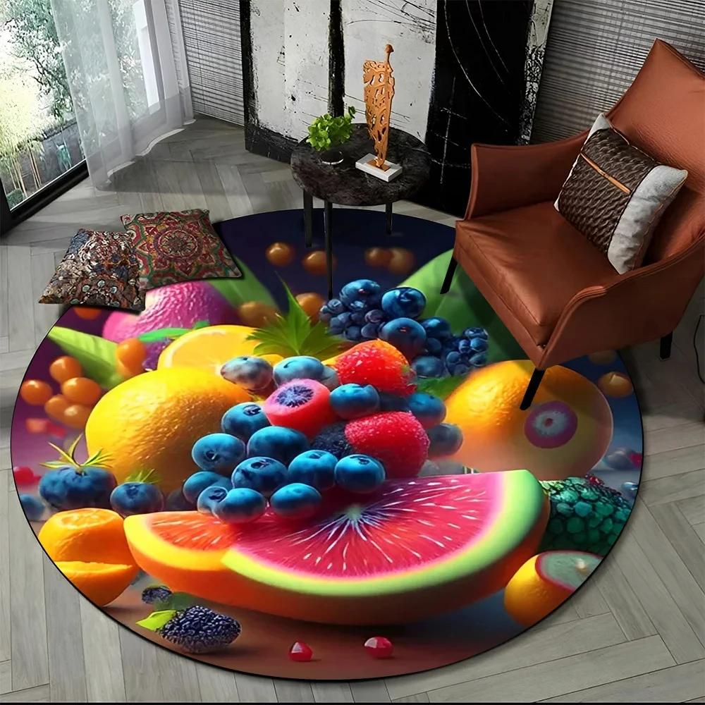 3D Niedlicher Tropenfrucht-Druck Runder Teppich Cartoon Früchte Teppich für Wohnzimmer Schlafzimmer Spielzimmer Badezimmer Dekor Rutschfeste Bodenmatte