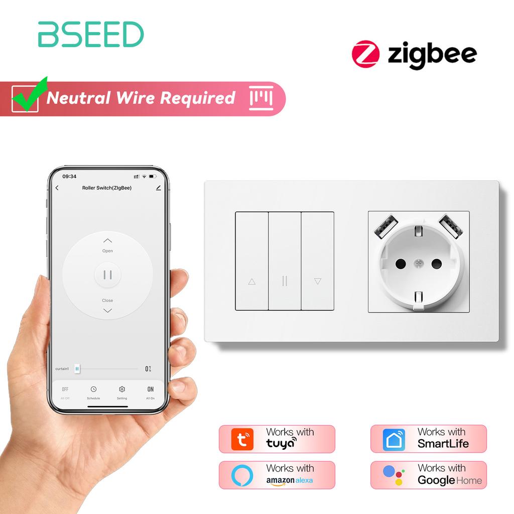 BSEED Zigbee Shutter Switch With Wall Sockets Wall Smart Click Switches Yellow Backlight Plastic Frame Tuya APP Roller Switch EU
