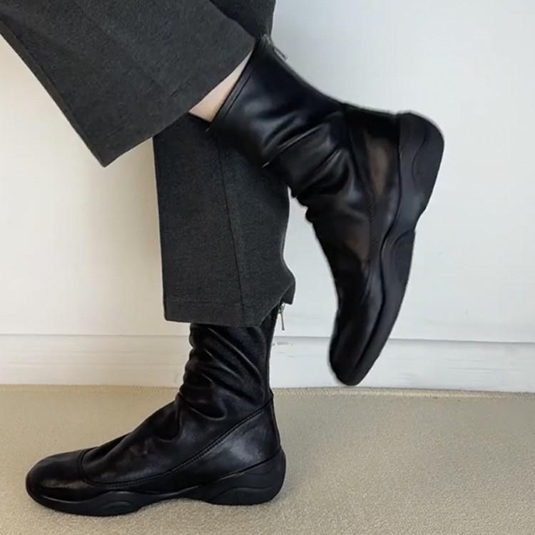 Cowhide Version~ Leather Round Head Thick Sole Retro Black Short Boots Women's Autumn and Winter Down Boots Elastic Thin Boots Martin Boots