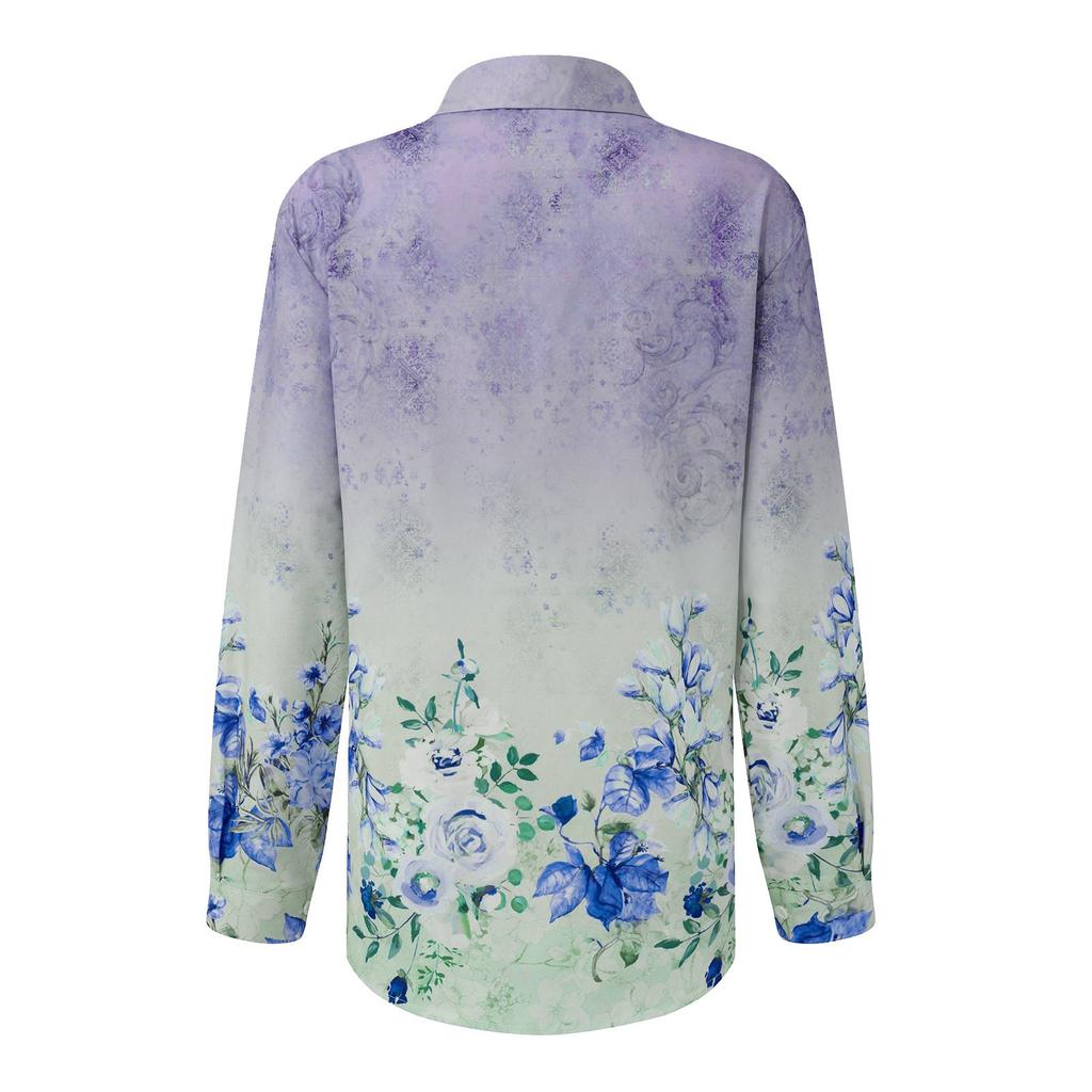 Women's Fashion Casual Printed Button Lapel Long Sleeved Shirt Top Blouse