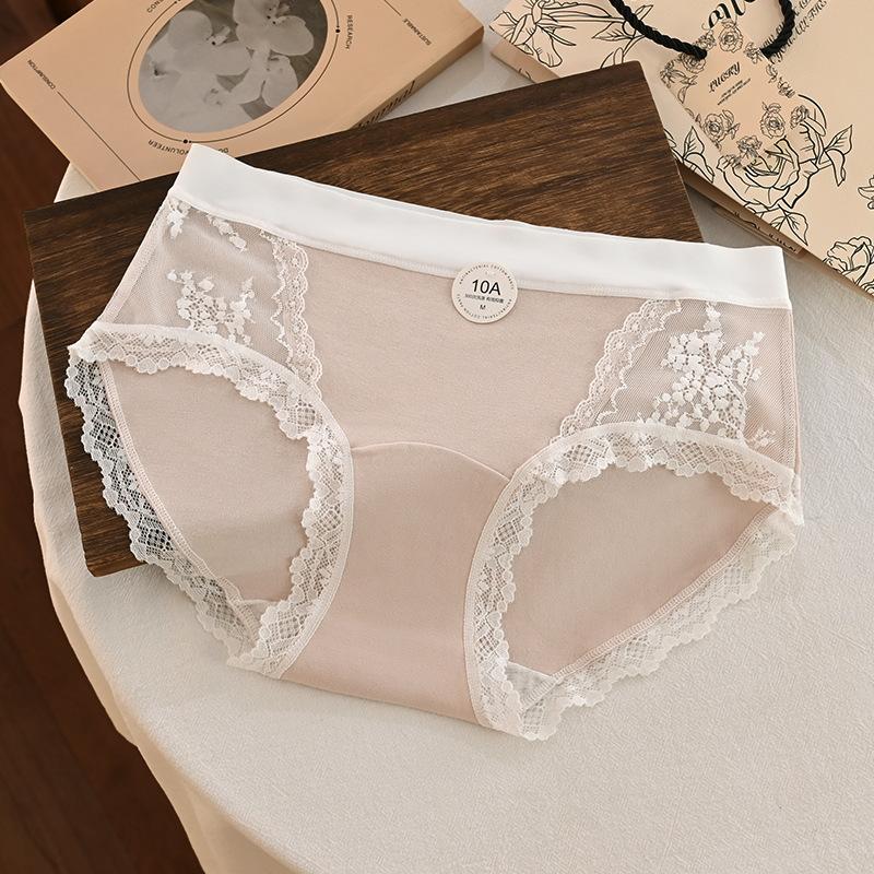 Women's Spring and Summer Mesh Lace Splicing Cotton 10A Antibacterial Inner File Middle Waist Briefs